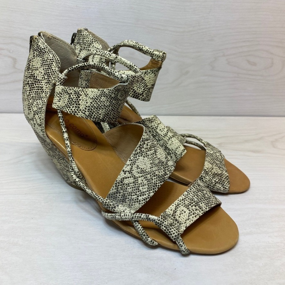 Corso Como Womens 10M Wedge Sandals Strappy Snakeskin Leather Grey Beige Animal